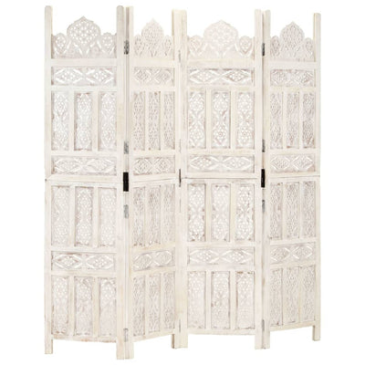 Dealsmate  Hand carved 4-Panel Room Divider White 160x165 cm Solid Mango Wood