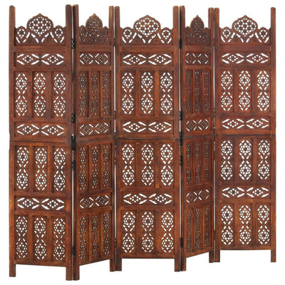 Dealsmate  Hand carved 5-Panel Room Divider Brown 200x165 cm Solid Mango Wood
