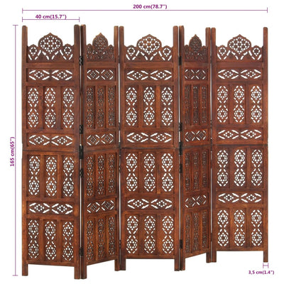 Dealsmate  Hand carved 5-Panel Room Divider Brown 200x165 cm Solid Mango Wood