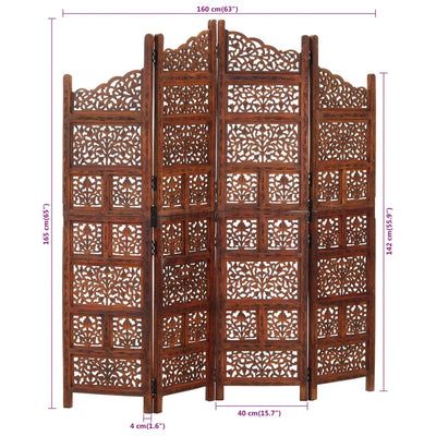 Dealsmate  Hand carved 4-Panel Room Divider Brown 160x165 cm Solid Mango Wood