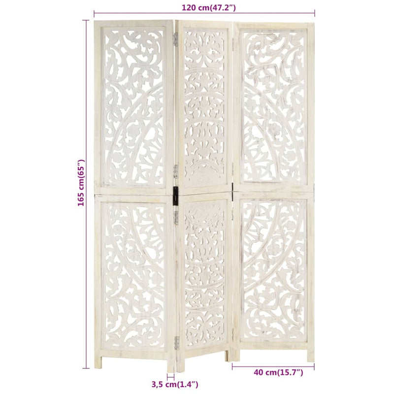Dealsmate  Hand carved 3-Panel Room Divider White 120x165 cm Solid Mango Wood