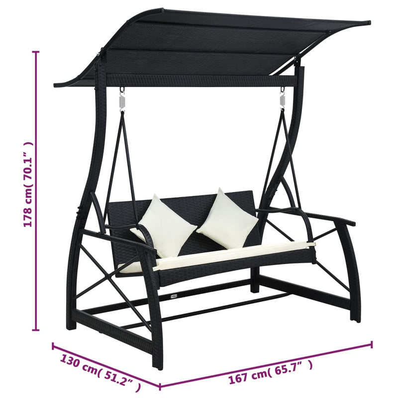 Dealsmate  3-Seater  Garden Swing Bench with Canopy Poly Rattan Black