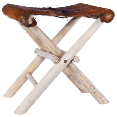 Dealsmate  Folding Stool Real Leather and Solid Teak Wood