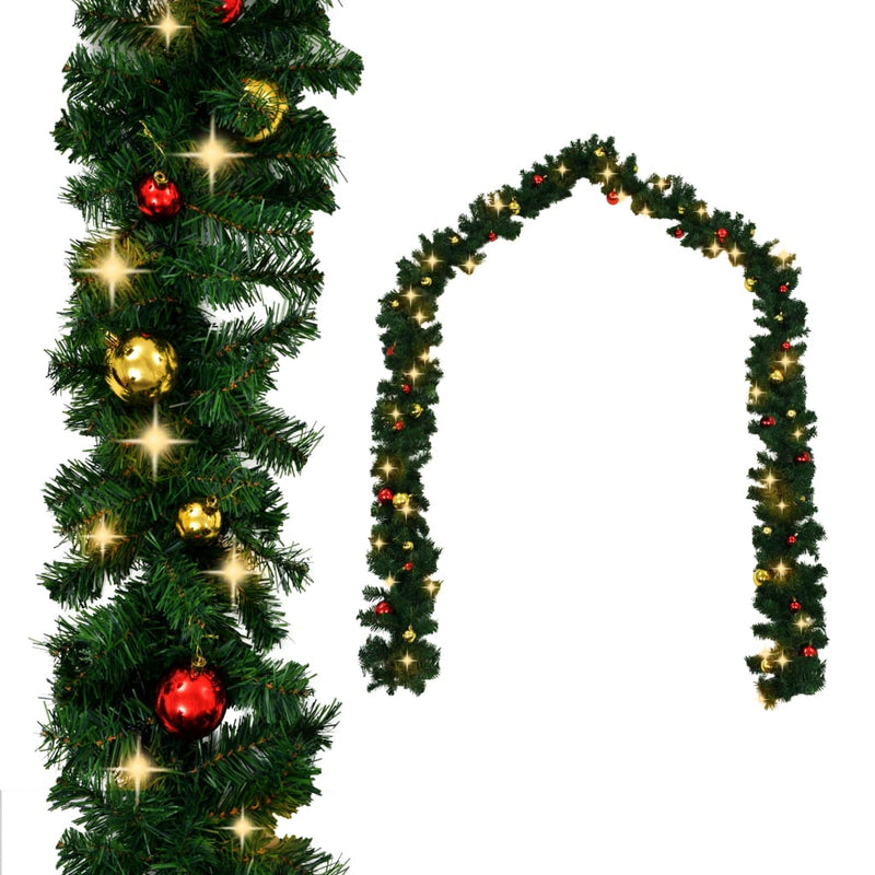 Dealsmate  Christmas Garland with Baubles and LED Lights Green 10 m PVC