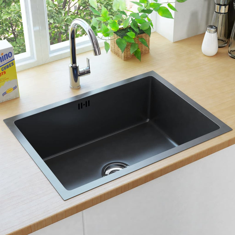Dealsmate  Handmade Kitchen Sink with Overflow Hole Black Stainless Steel