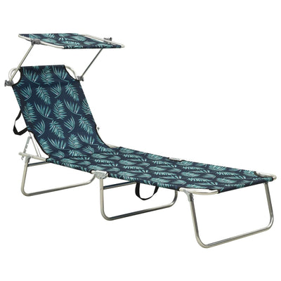 Dealsmate  Folding Sun Lounger with Canopy Steel Leaves Print