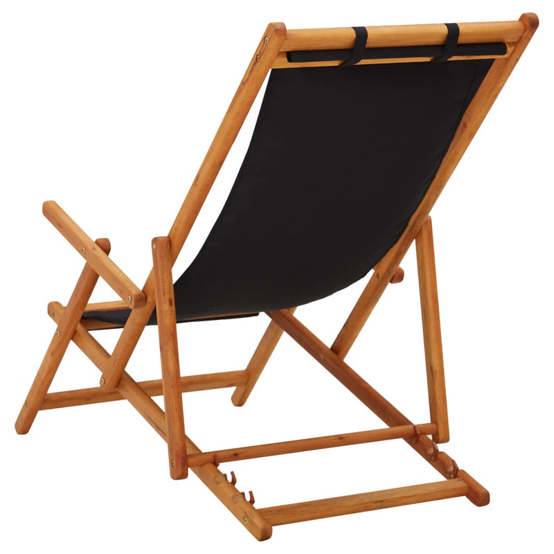 Dealsmate  Folding Beach Chair Solid Eucalyptus Wood and Fabric Black