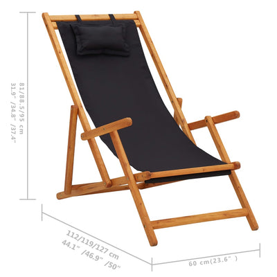 Dealsmate  Folding Beach Chair Solid Eucalyptus Wood and Fabric Black