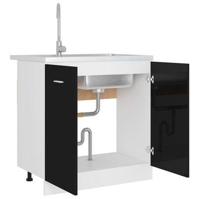 Dealsmate  Sink Bottom Cabinet High Gloss Black 80x46x81.5 cm Engineered Wood