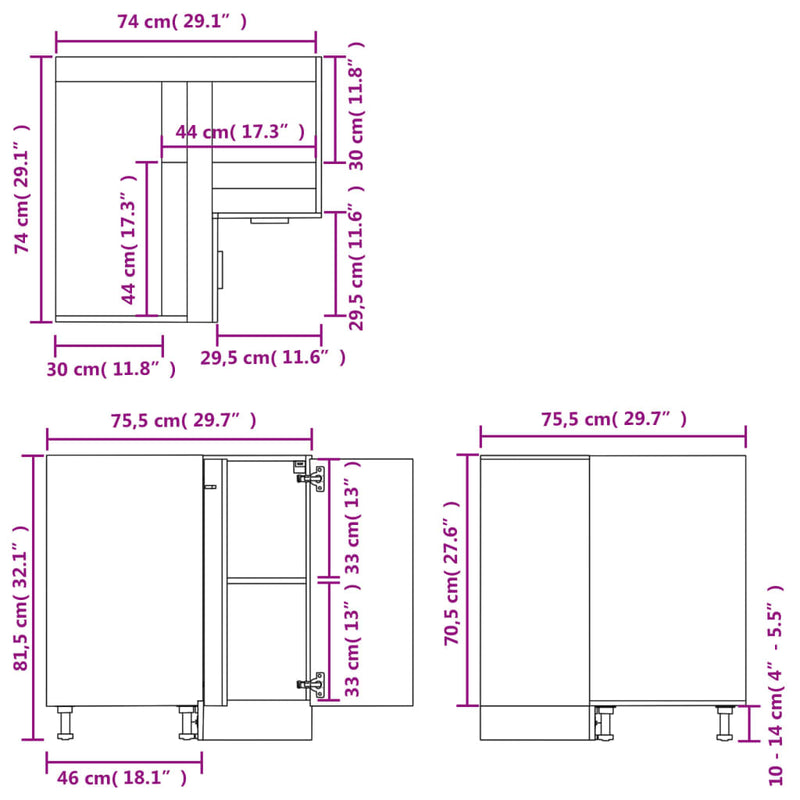 Dealsmate  Corner Bottom Cabinet Concrete Grey 75.5x75.5x81.5 cm Engineered Wood