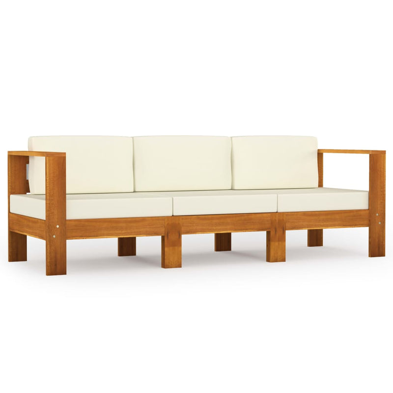 Dealsmate  3-Seater Garden Sofa with Cream White Cushions Solid Acacia Wood