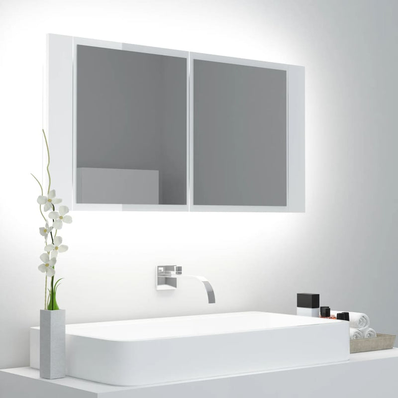 Dealsmate  LED Bathroom Mirror Cabinet High Gloss White 90x12x45 cm Acrylic