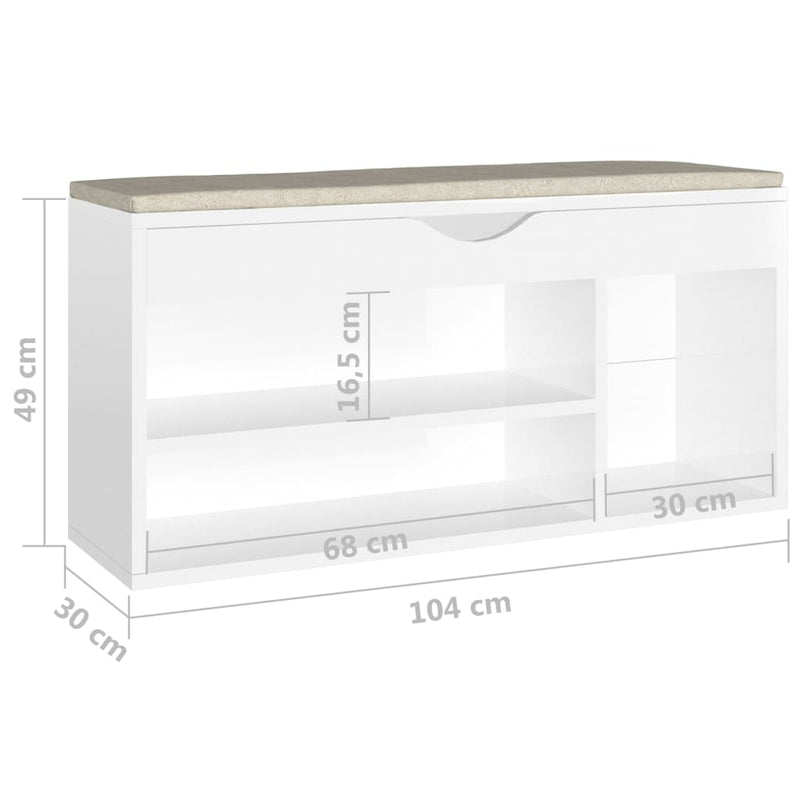 Dealsmate  Shoe Bench with Cushion High Gloss White 104x30x49 cm Engineered Wood