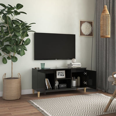 Dealsmate  TV Cabinet & Solid Wood Legs High Gloss Black 103.5x35x50 cm