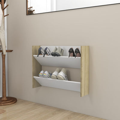 Dealsmate  Wall Shoe Cabinet White and Sonoma Oak 80x18x60 cm Engineered Wood