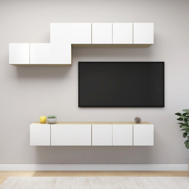 Dealsmate  7 Piece TV Cabinet Set White and Sonoma Oak Chipboard