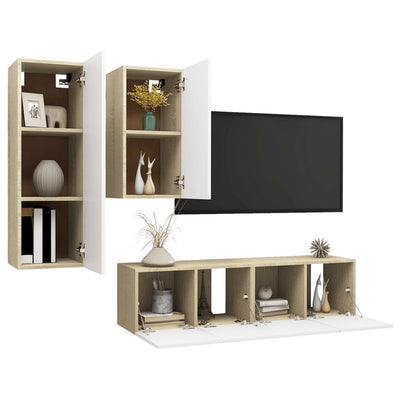 Dealsmate  4 Piece TV Cabinet Set White and Sonoma Oak Engineered Wood