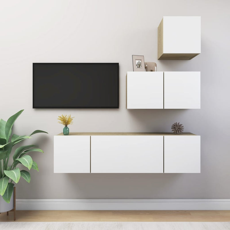 Dealsmate  4 Piece TV Cabinet Set White and Sonoma Oak Chipboard