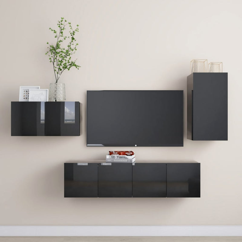 Dealsmate  4 Piece TV Cabinet Set High Gloss Black Engineered Wood