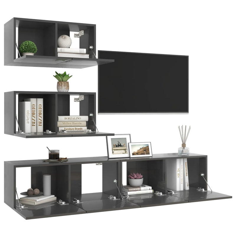 Dealsmate  4 Piece TV Cabinet Set High Gloss Grey Engineered Wood