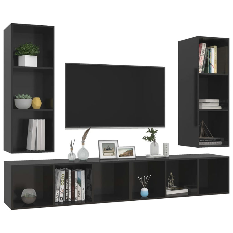 Dealsmate  Wall-mounted TV Cabinets 4 pcs High Gloss Black Engineered Wood