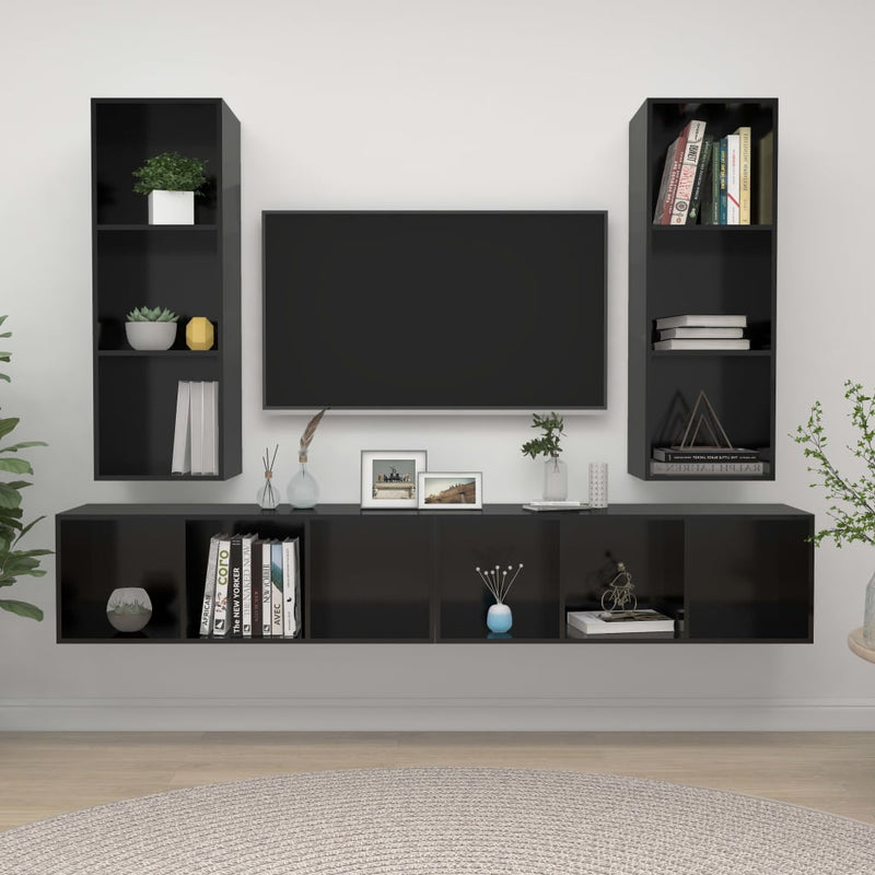 Dealsmate  Wall-mounted TV Cabinets 4 pcs High Gloss Black Engineered Wood