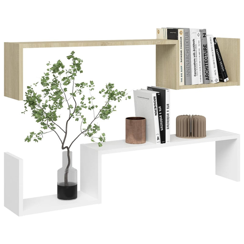 Dealsmate  Wall Shelves 2 pcs White and Sonoma Oak 100x15x20 cm Engineered Wood
