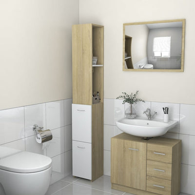 Dealsmate  Bathroom Cabinet White&Sonoma Oak 25x25x170 cm Chipboard