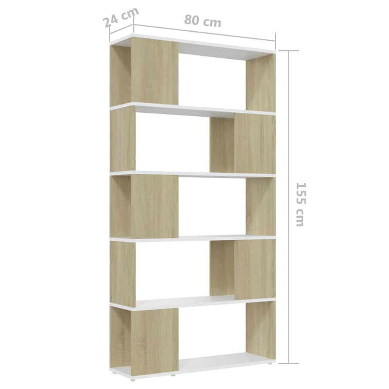 Dealsmate  Book Cabinet Room Divider White and Sonoma Oak 80x24x155 cm Engineered Wood