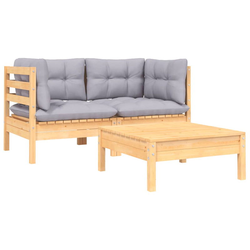 Dealsmate  3 Piece Garden Lounge Set with Grey Cushions Solid Pinewood