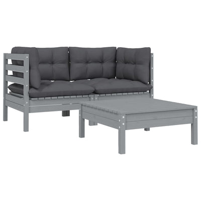 Dealsmate  3 Piece Garden Lounge Set with Cushions Grey Solid Pinewood