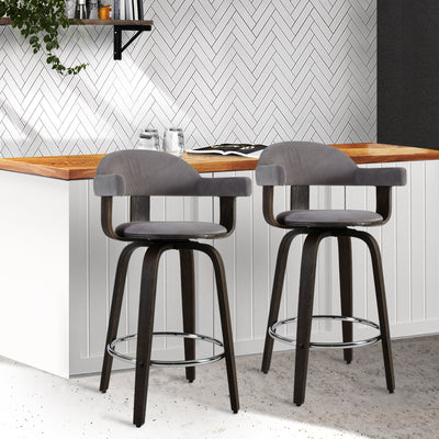 Dealsmate  Set of 2 Bar Stools Wooden Swivel Bar Stool Kitchen Dining Chair - Wood, Chrome and Grey
