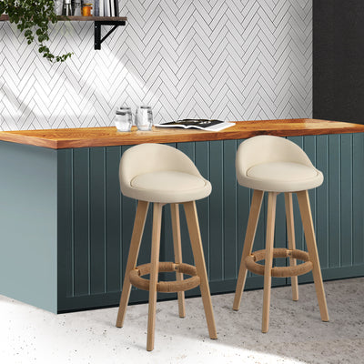 Dealsmate  2x Bar Stools Padded Leather Wooden Beige