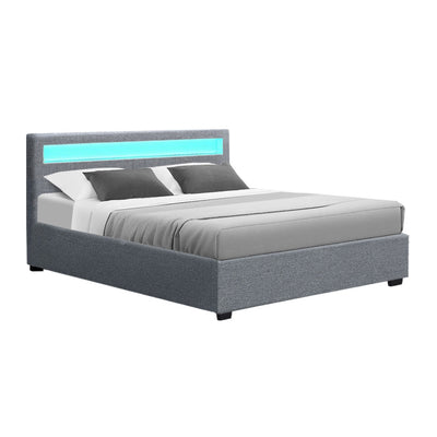 Dealsmate  Bed Frame Queen Size LED Gas Lift Grey COLE