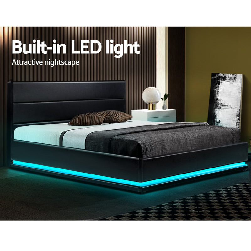 Dealsmate  Bed Frame Queen Size LED Gas Lift Black LUMI