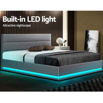Dealsmate  Lumi LED Bed Frame Fabric Gas Lift Storage - Grey Queen