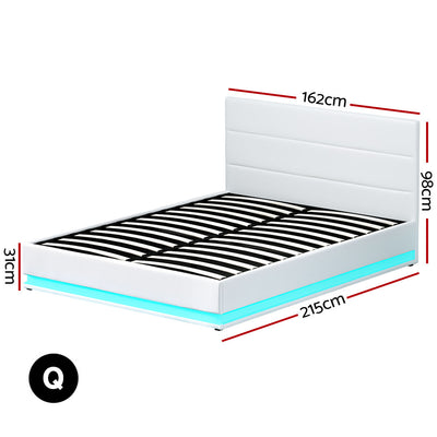 Dealsmate  Lumi LED Bed Frame PU Leather Gas Lift Storage - White Queen