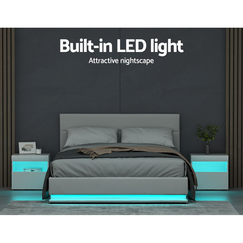 Dealsmate  Lumi LED Bed Frame PU Leather Gas Lift Storage - White Queen