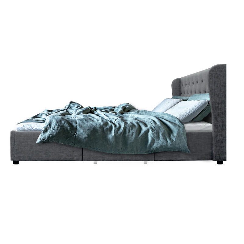Dealsmate  Bed Frame Queen Size Base With Storage Drawers Grey Fabric Mila Collection