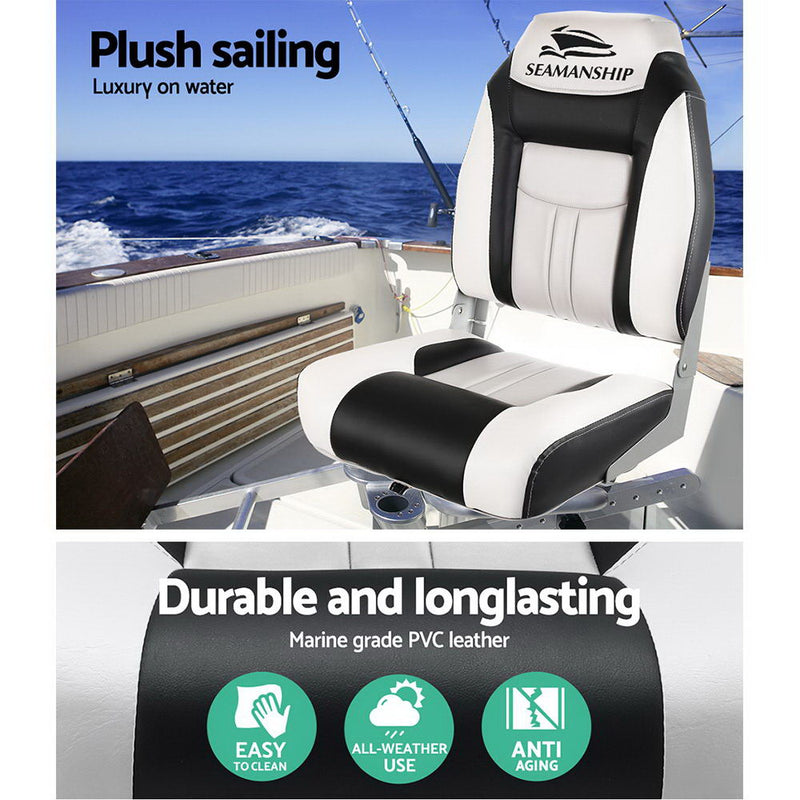 Dealsmate Seamanship 2X Folding Boat Seats Marine Seat Swivel High Back 12cm Padding Grey