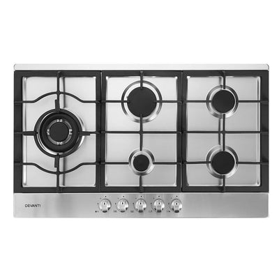 Dealsmate Devanti Gas Cooktop 90cm Kitchen Stove Cooker 5 Burner Stainless Steel NG/LPG Silver