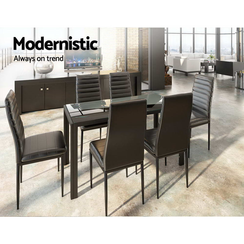Dealsmate  Astra 7-Piece Set Tempered Glass Dining Set Table and 6 Chairs Black