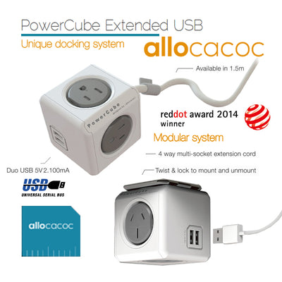 Dealsmate Allocacoc PowerCube Extended USB Powerboard 4-Outlets 2 USB Ports Grey-White 1.5m 