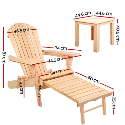 Dealsmate  3PC Adirondack Outdoor Table and Chairs? Wooden Sun Lounge Beach Patio Natural
