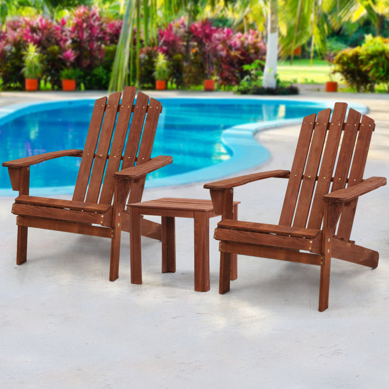 Dealsmate  3PC Adirondack Outdoor Table and Chairs Wooden Beach Chair Brown