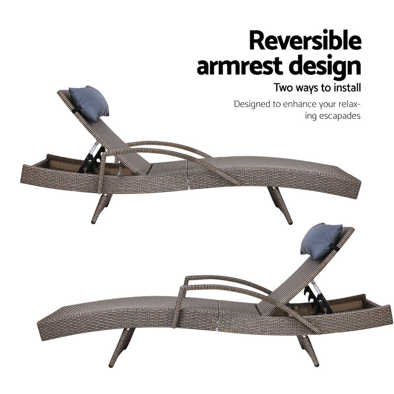 Dealsmate  2x Sun Lounge Wicker Lounger Outdoor Furniture Beach Armchair Adjustable Grey&Beige