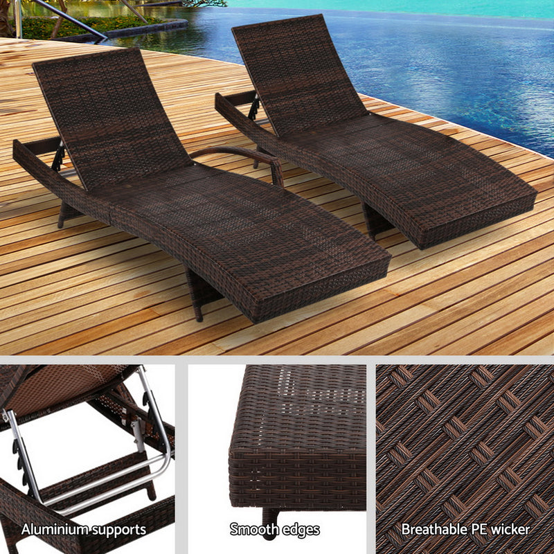 Dealsmate  2PC Sun Lounge Wicker Lounger Outdoor Furniture Beach Chair Garden Adjustable Brown