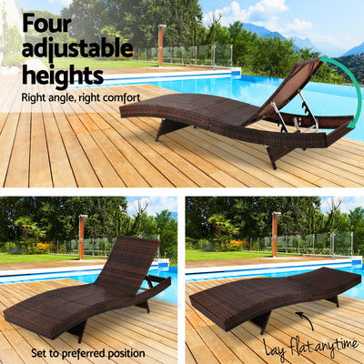 Dealsmate  2PC Sun Lounge Wicker Lounger Outdoor Furniture Beach Chair Garden Adjustable Brown