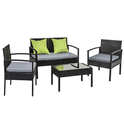 Dealsmate 4 Seater Sofa Set Outdoor Furniture Lounge Setting Wicker Chairs Table Rattan Lounger Bistro Patio Garden Cushions Black