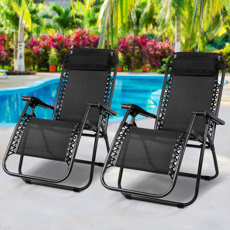 Dealsmate  Set of 2 Zero Gravity Chairs Reclining Outdoor Furniture Sun Lounge Folding Camping Lounger Black